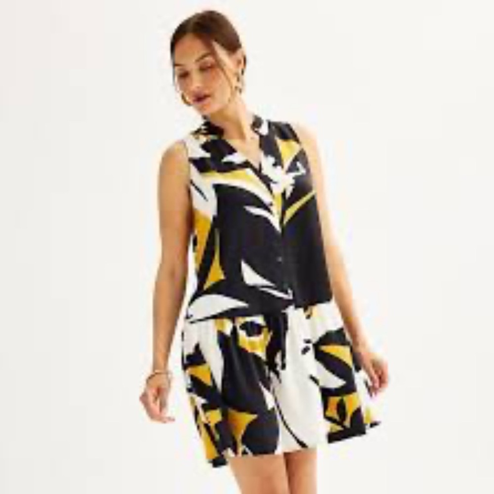 Nine West Black, White and Yellow Geometric Drop Waist Dress